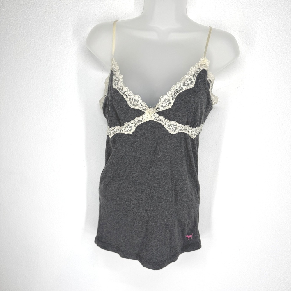 PINK Victorias Secret Y2K Babydoll Lace Trim Cami Gray Cotton Tank Top Medium